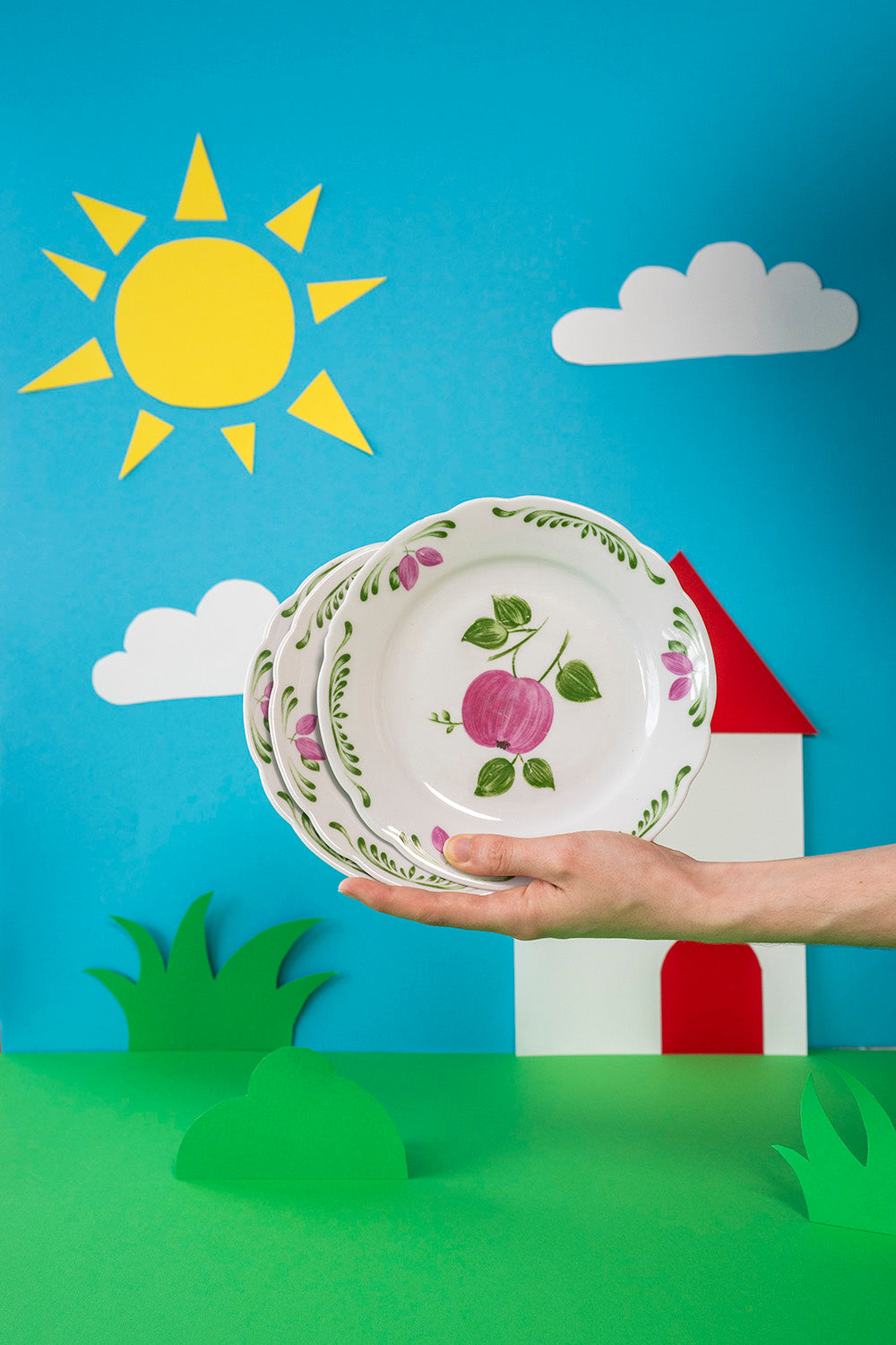 3 decorated dessert plates