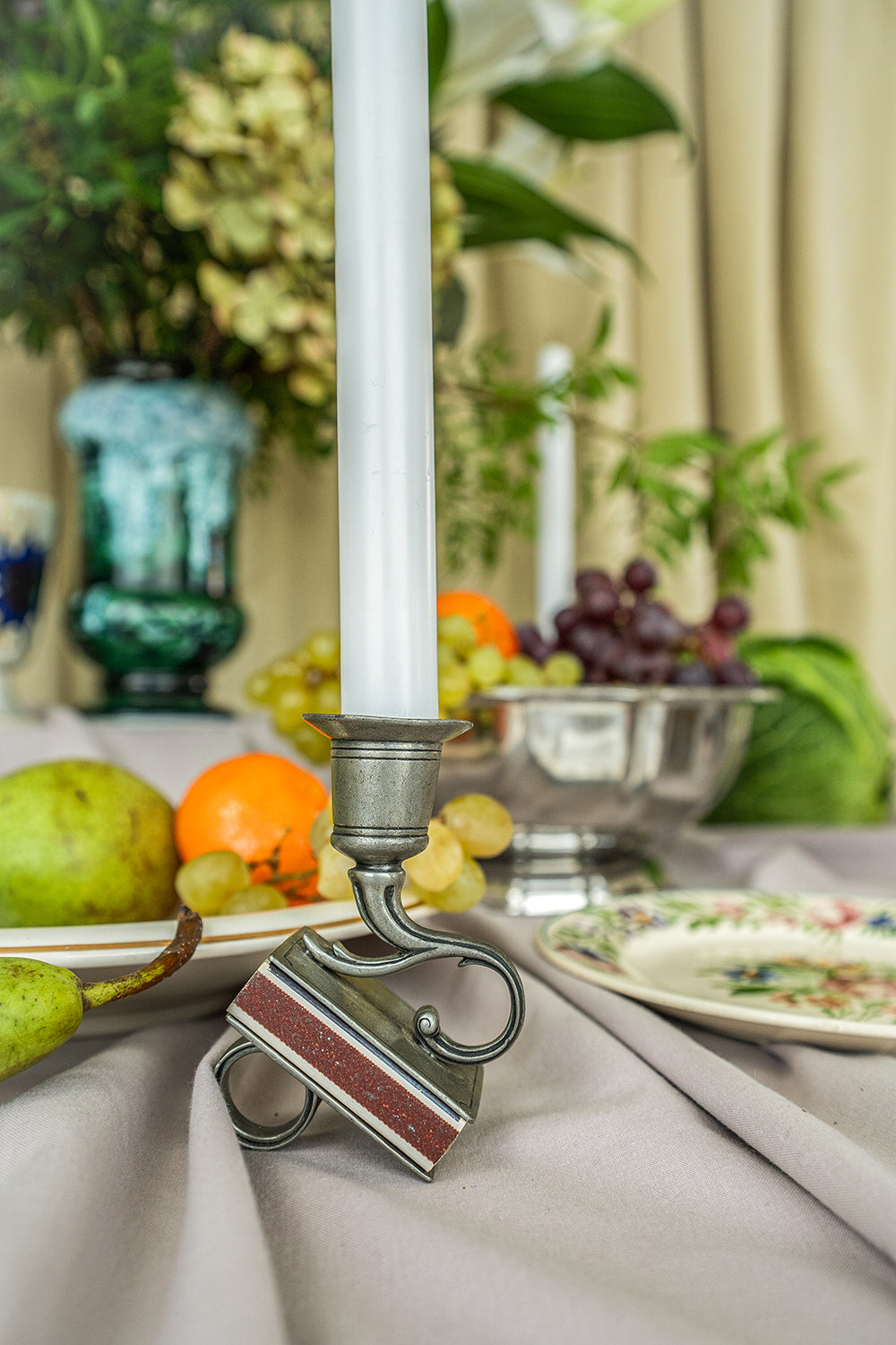 Medium pewter candlestick and matchbox holder