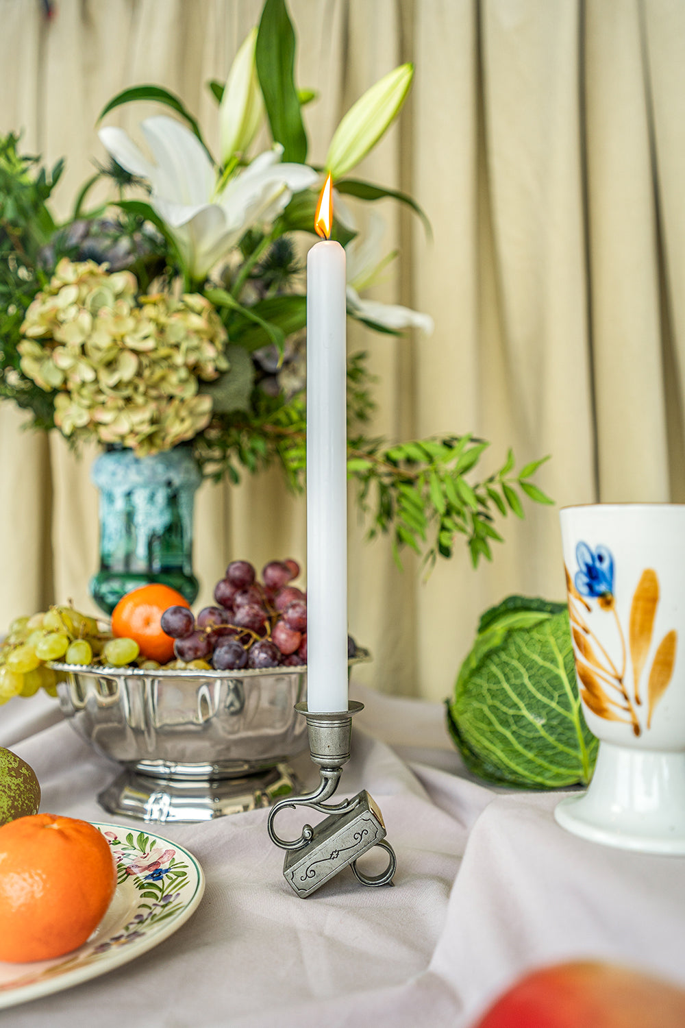 Medium pewter candlestick and matchbox holder