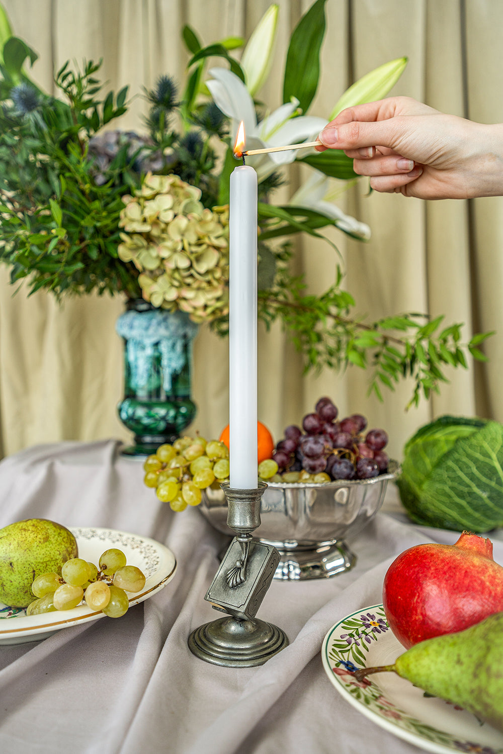 Tall pewter candlestick and matchbox holder