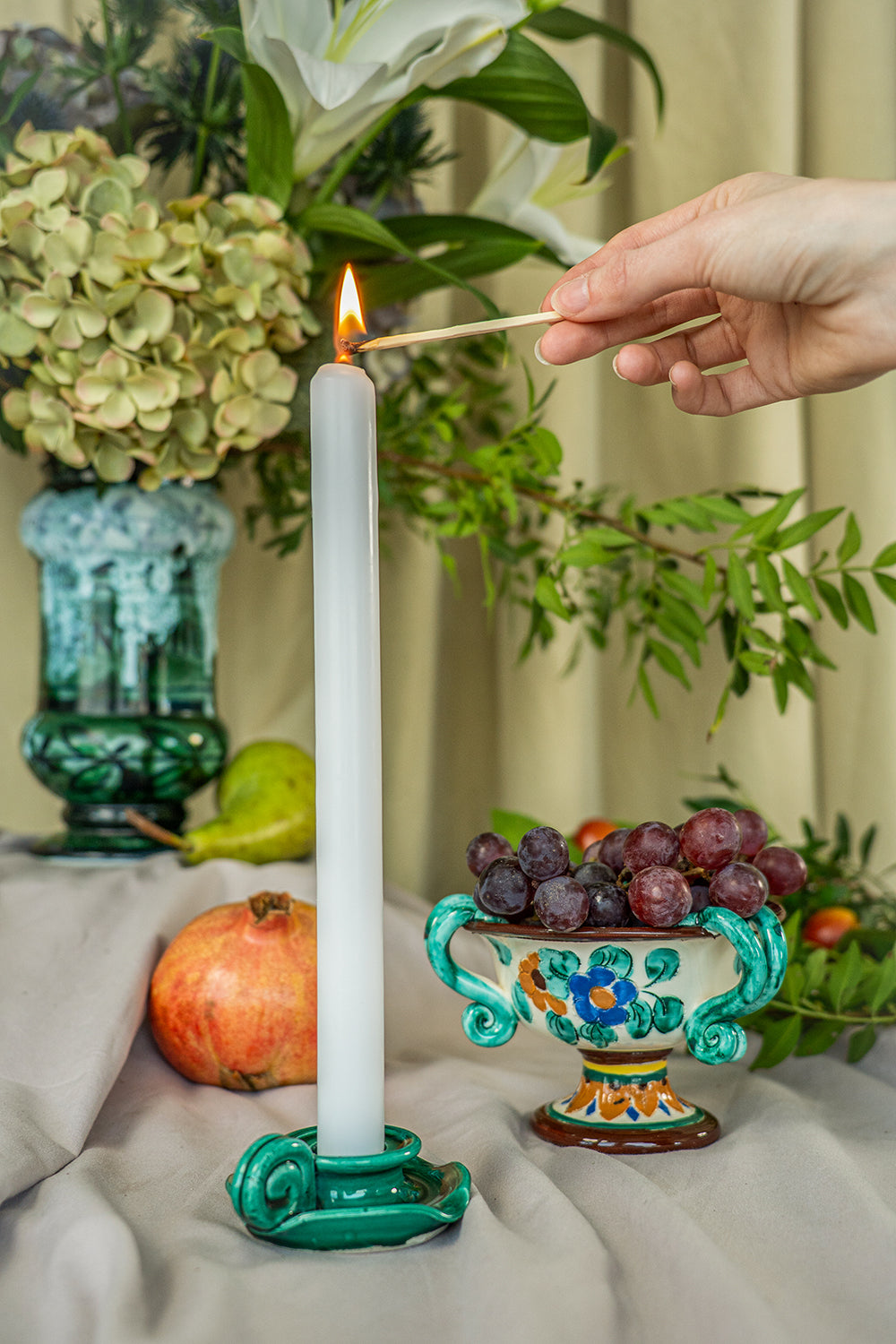 Green ceramic candlestick