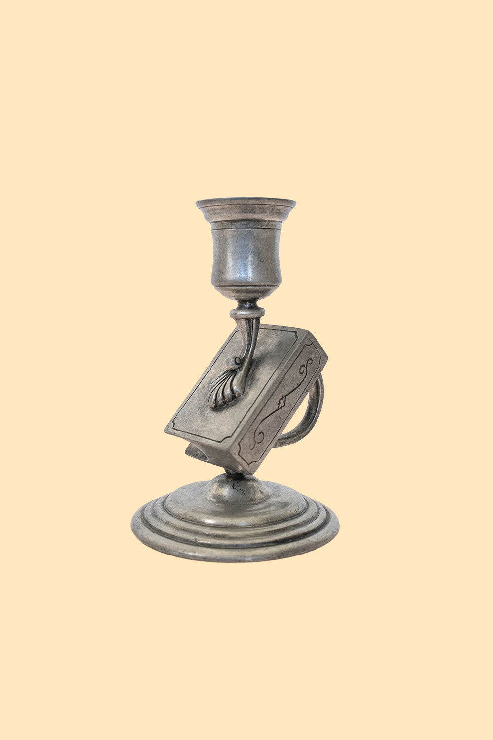 Tall pewter candlestick and matchbox holder