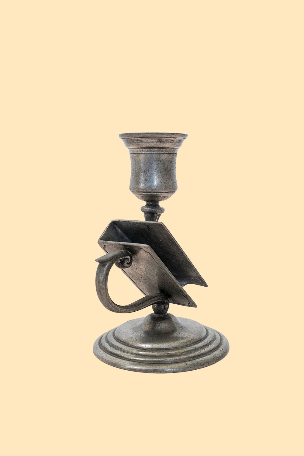 Tall pewter candlestick and matchbox holder