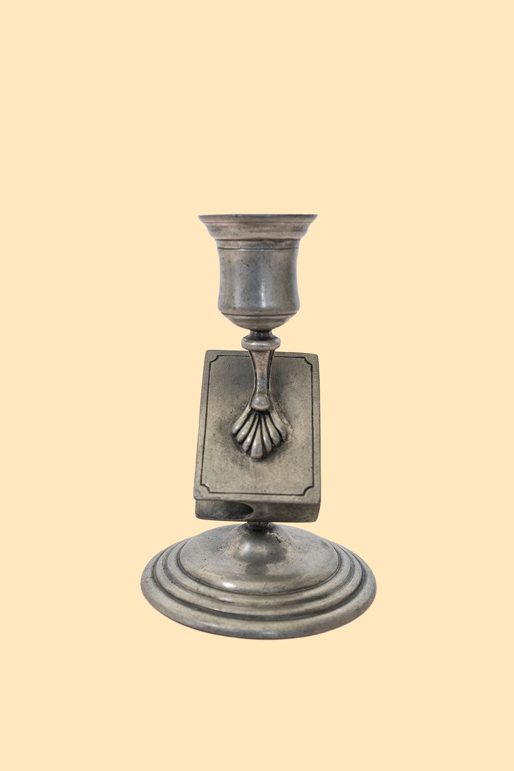 Tall pewter candlestick and matchbox holder