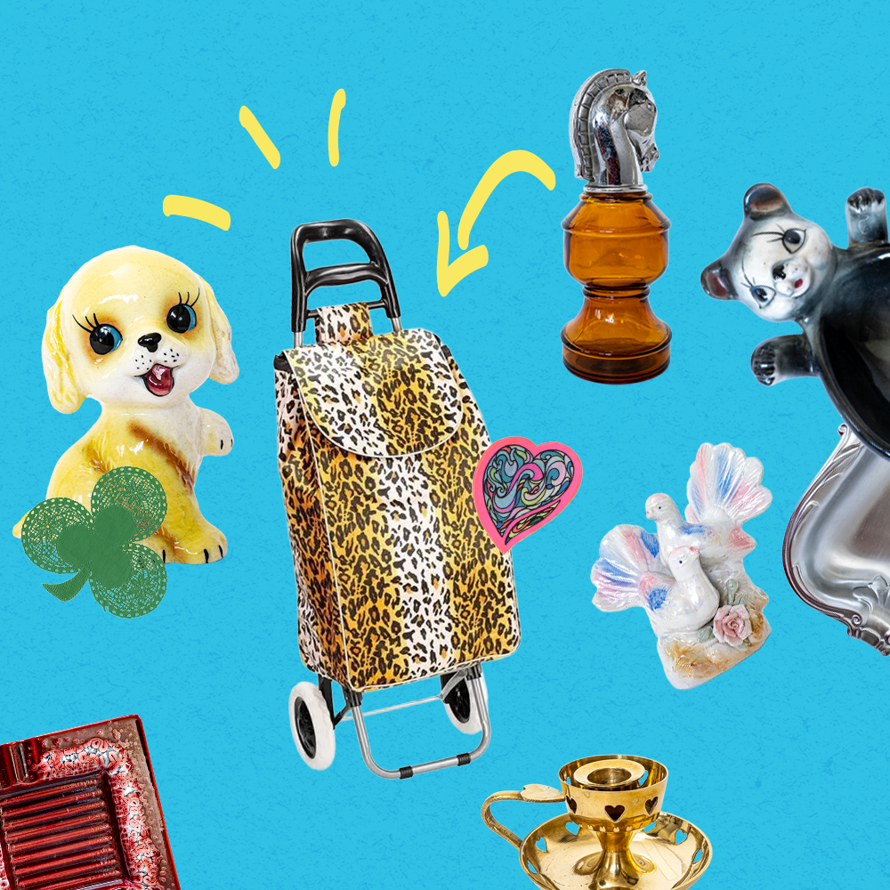 Collage of various items including a leopard print shopping cart, dog figurine, and decorative objects on a blue background.