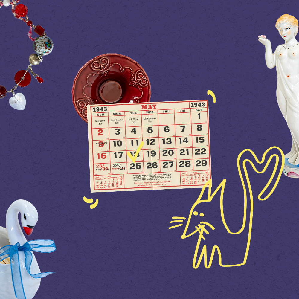 Collage of a calendar and decorative items on a dark blue background