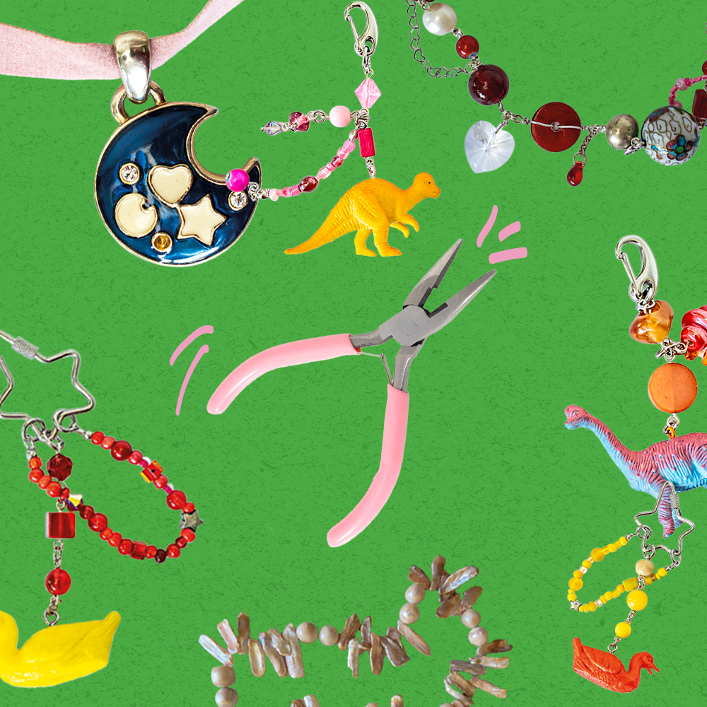 Collage of jewelry and pliers on a green background