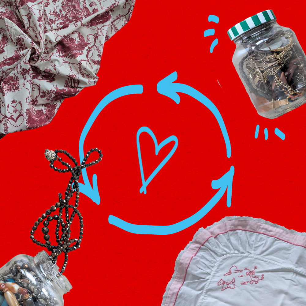 Collage of jewelry and fabric on a red background with blue circular arrows and a heart in the middle.