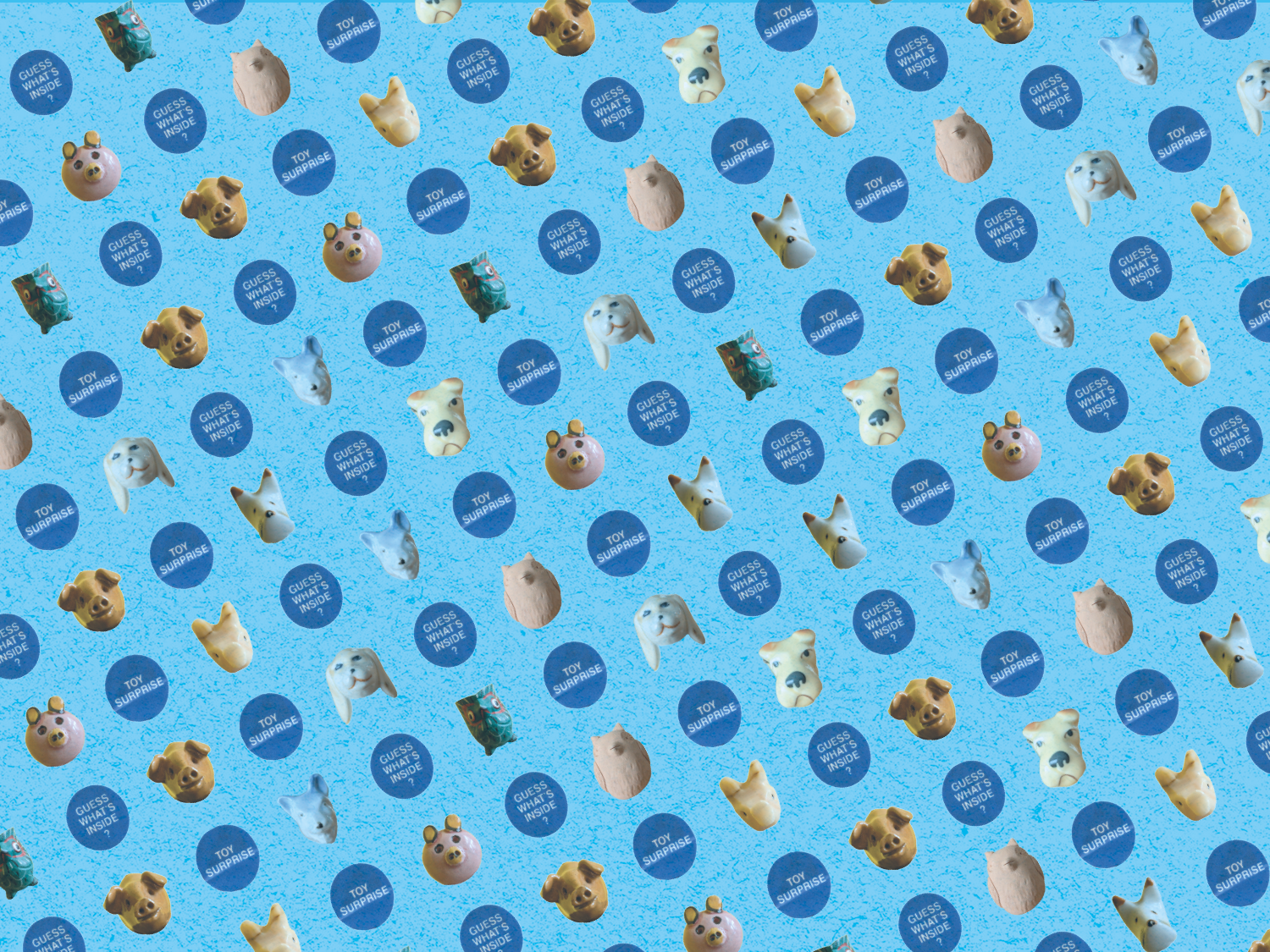 Pattern of heads of animal trinkets and stickers on a blue background. The stickers say "toy surprise" and "guess what's inside?"