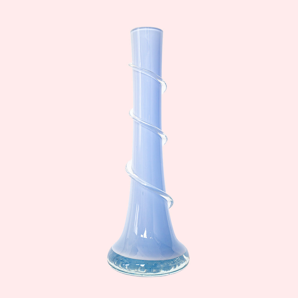 A light blue conic art deco style glass vase with a spiral design. 