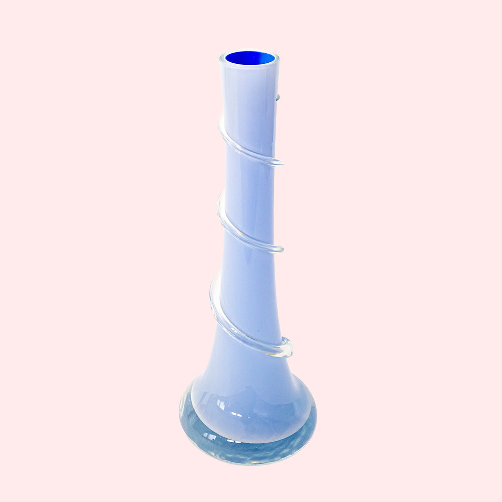 A light blue conic art deco style glass vase with a spiral design. 