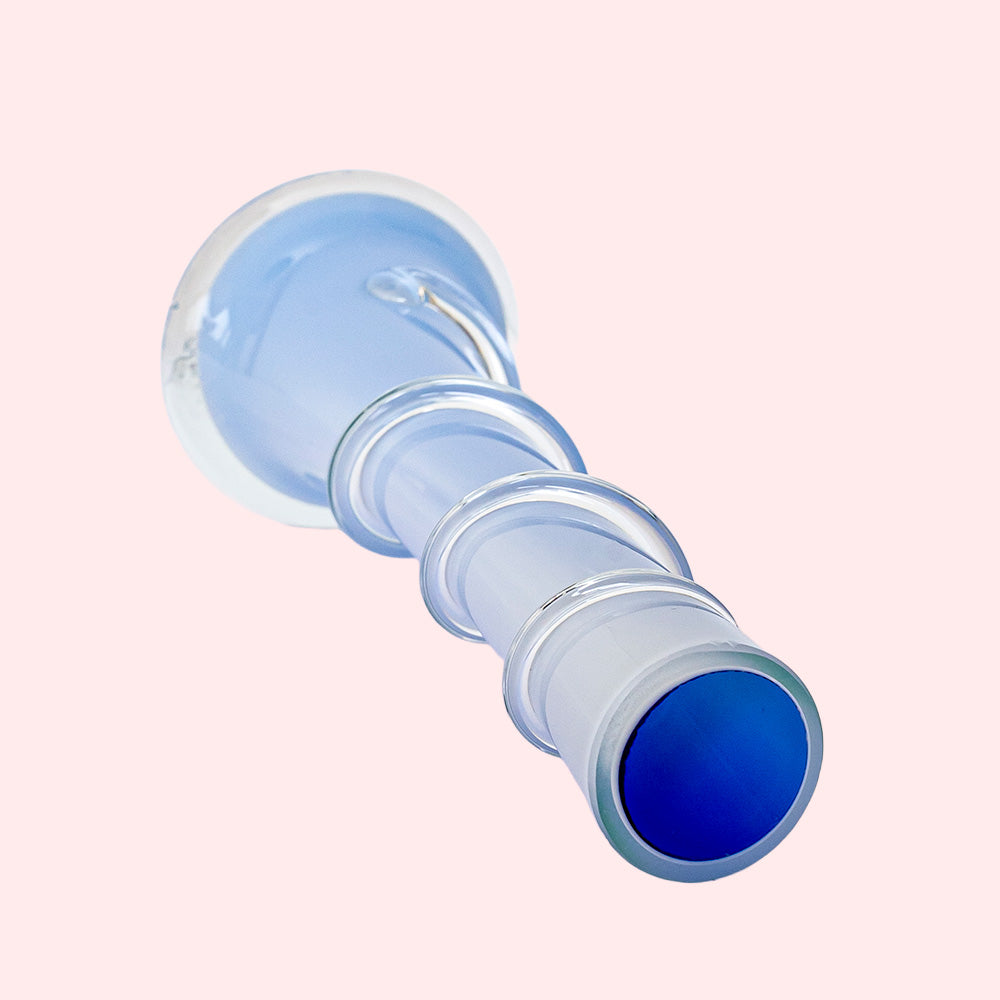 A light blue conic art deco style glass vase with a spiral design. 