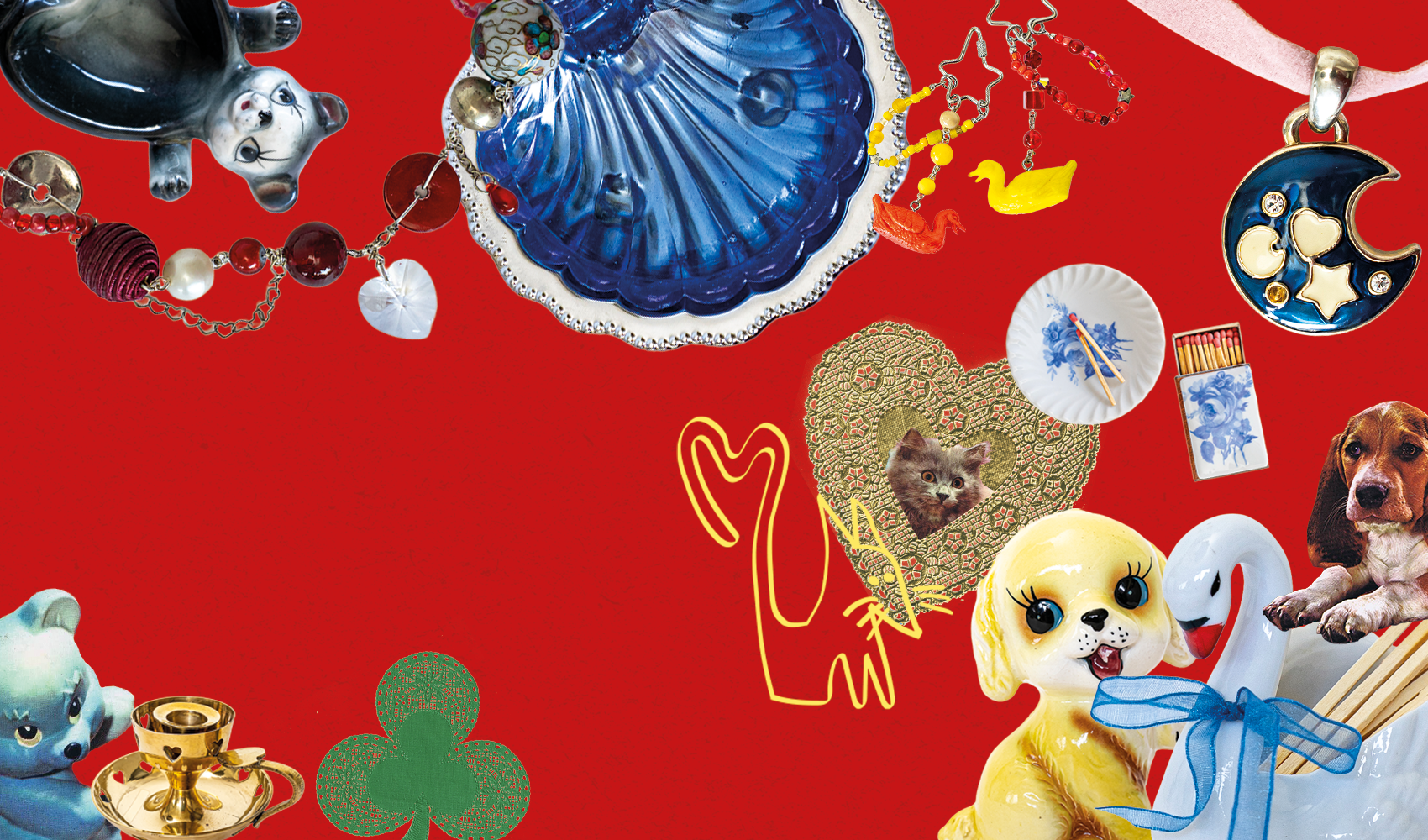 A collage of decorative items and jewelry on a red background.