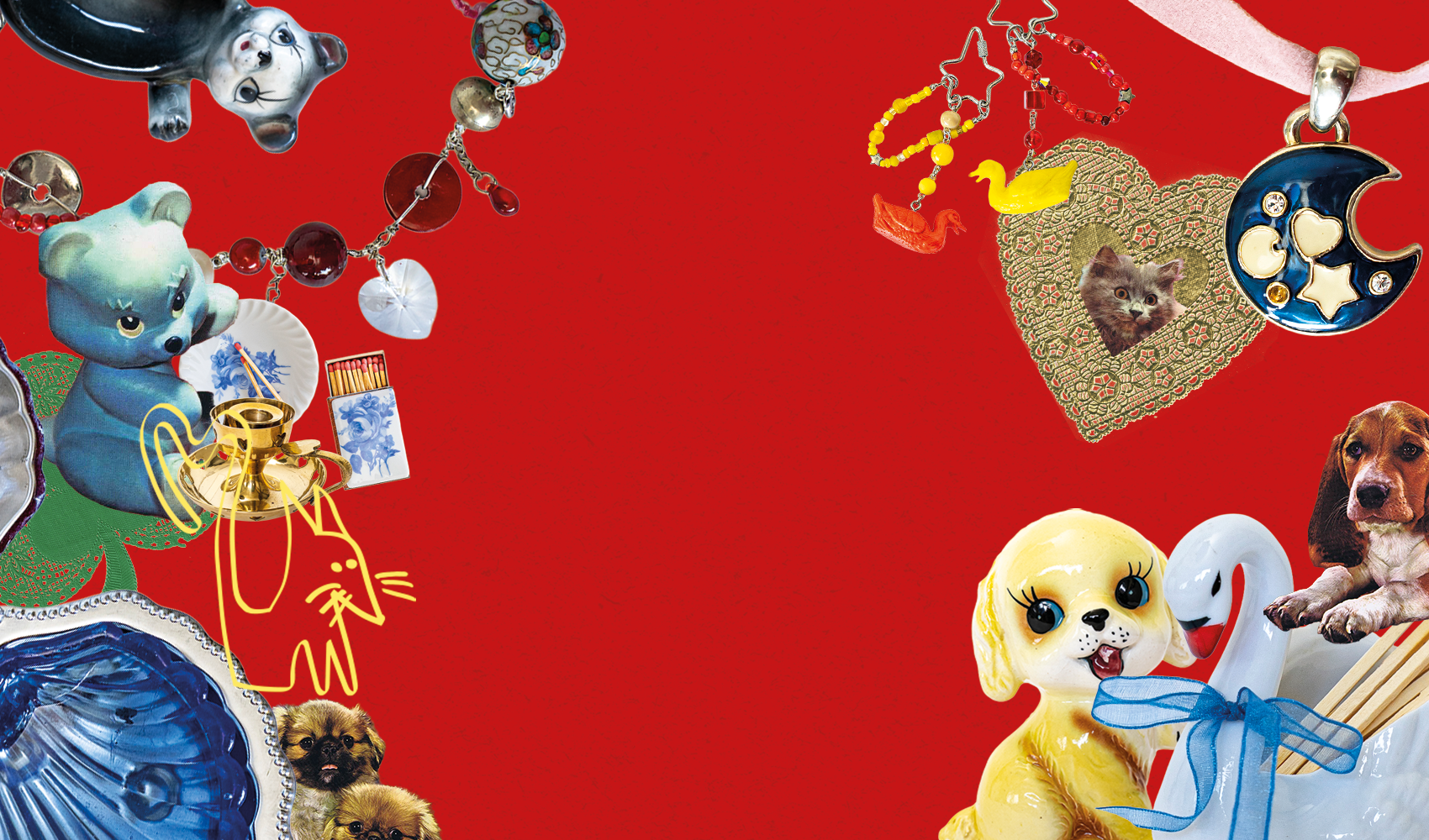 Collage of decorative items and jewelry with animals on a red background. 