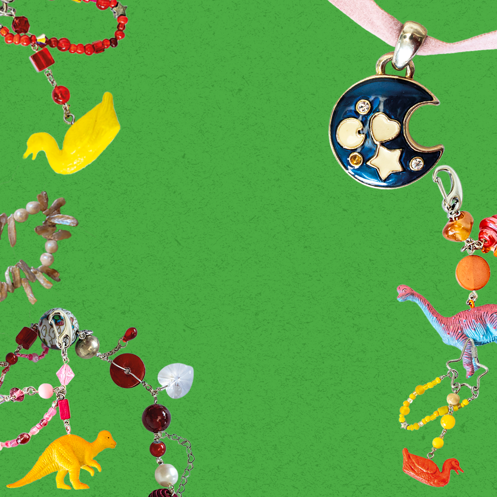 Collage of jewelry and accessories on a green background.
