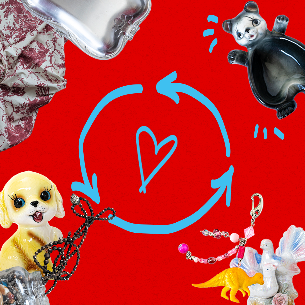 Collage of various objects including a dog figurine, jewelry, and a trinket tray on a red background with circular blue arrows and hearts.
